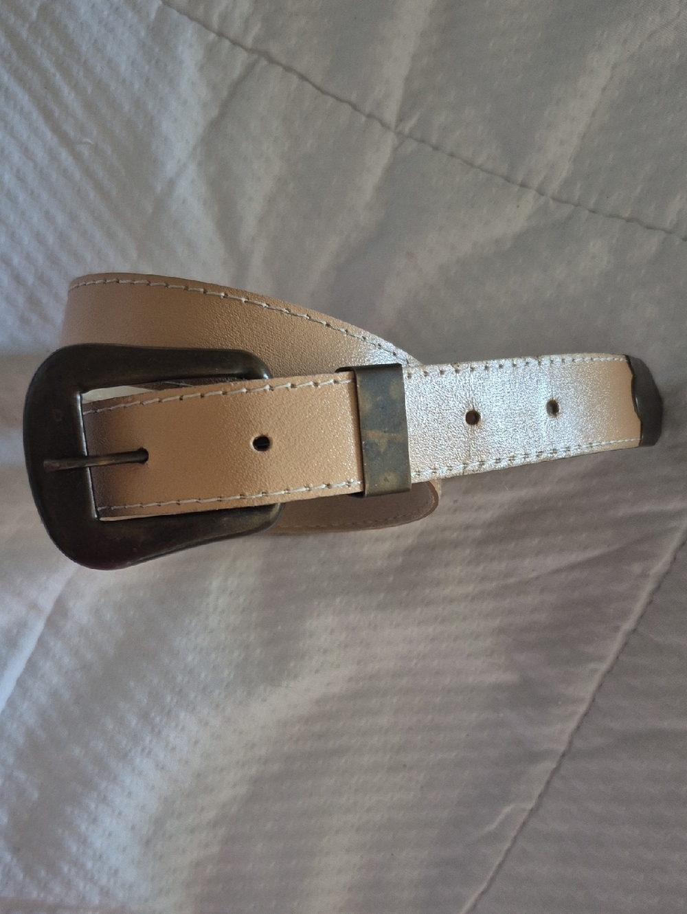 Neutral Beige Leather Belt with Dark Metal Buckle